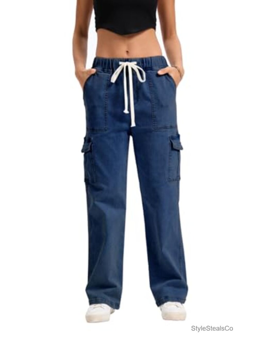 Womens Elastic Waist Cargo Jeans Drawstring Stretch Denim Pants